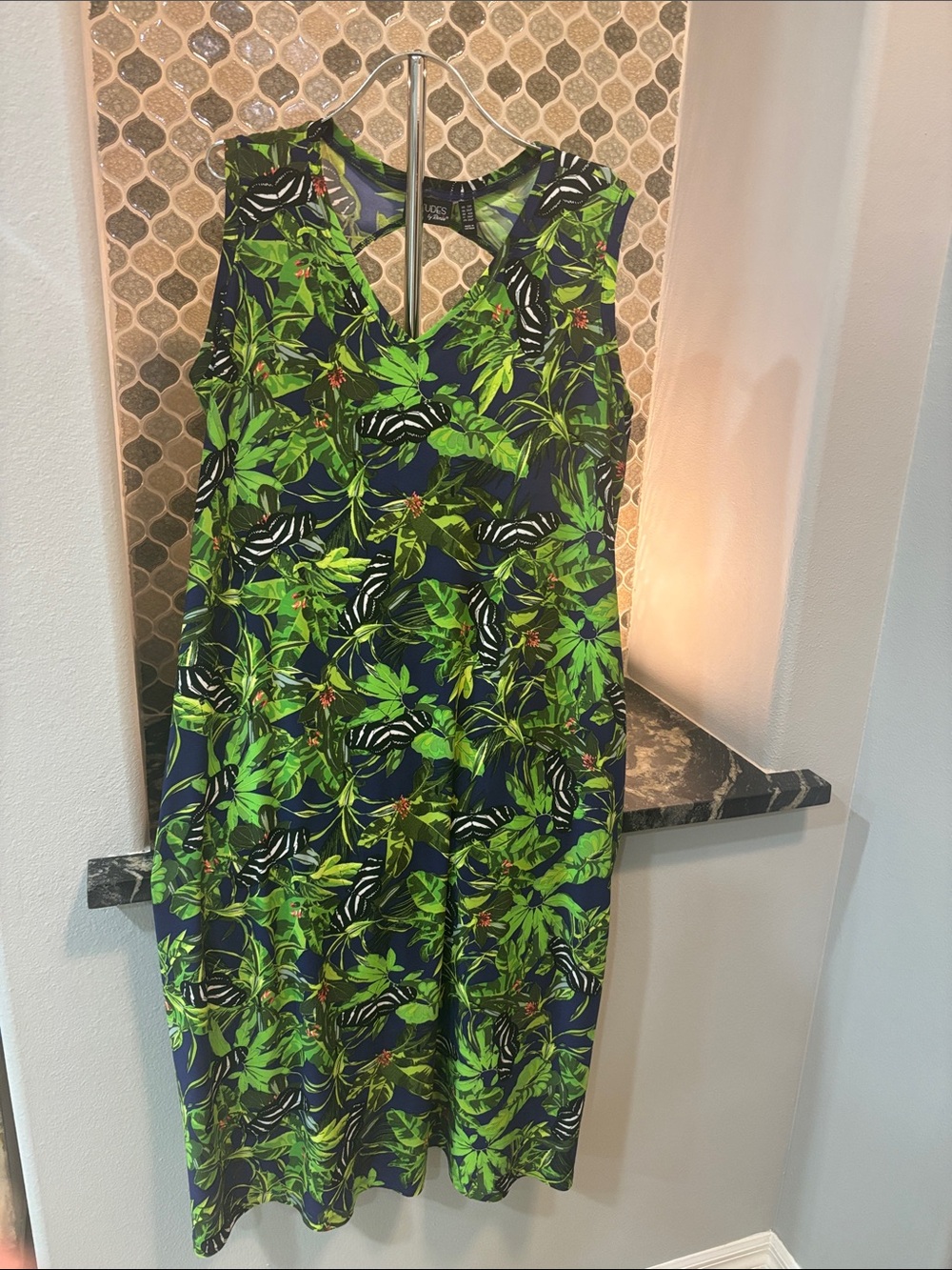 Attitudes by Renee Navy Dress with Bright Green Tropical Print
